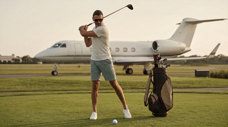 AI-generated campaign visual of a golfer mid-swing at sunset